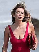 Keeley Hazell in sexy tight red swimsuit