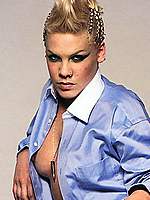 Pink posing without bra
